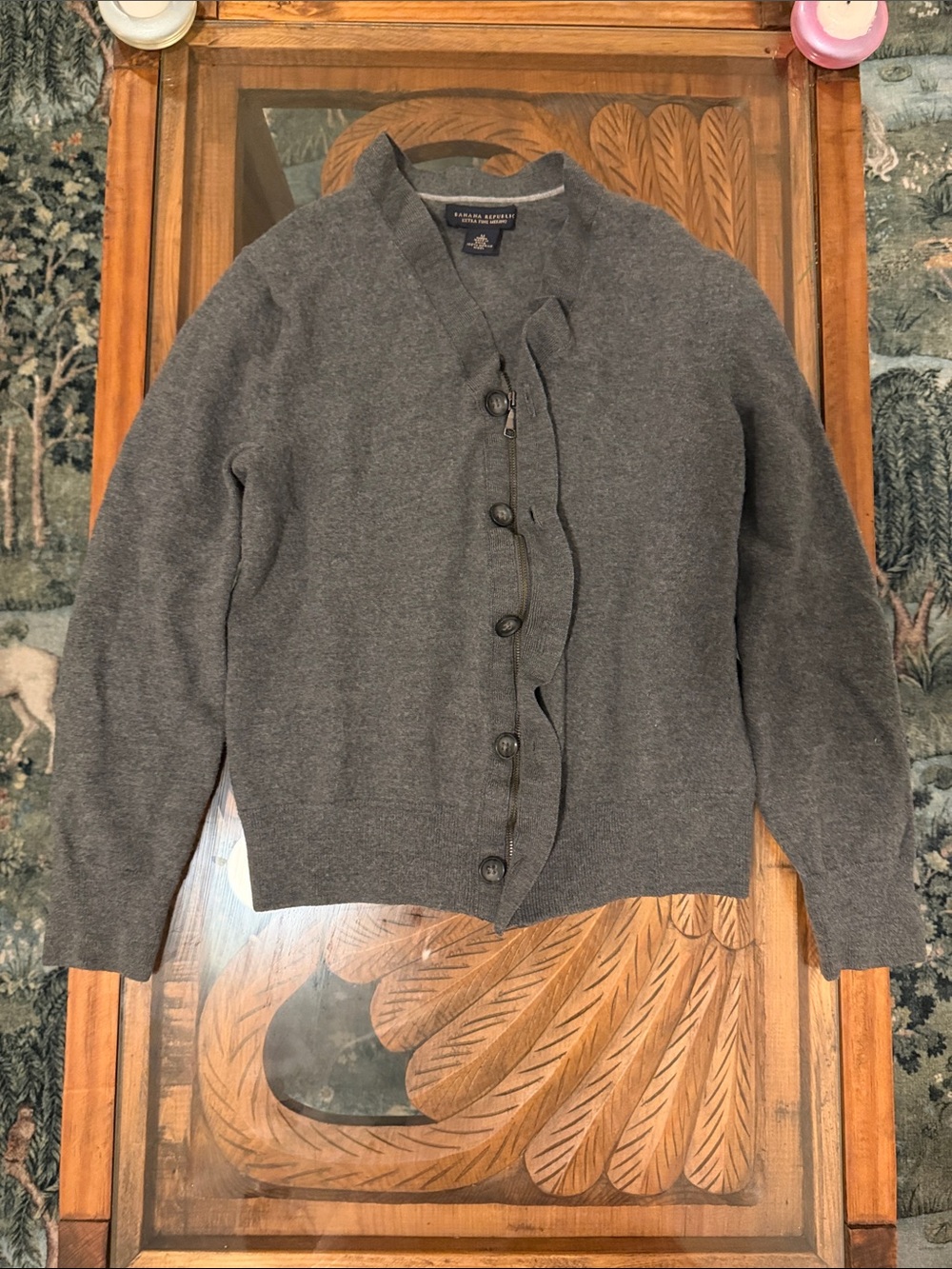 Banana Republic Charcoal Wool Ruffle-Trim Button Front Cardigan